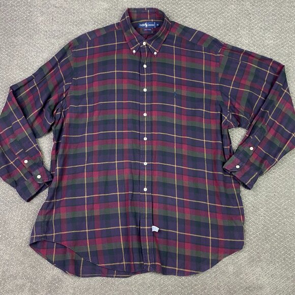 Vtg Ralph Lauren Lightweight Flannel Shirt Men's XL Purple Green Red Button Down - Picture 1 of 12